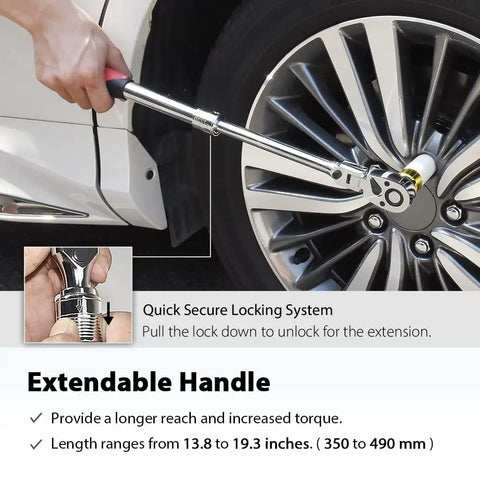 Using Extendable 1/2 Inch Drive Locking Ratchet Wrench With Flexible 180 Degree Head on car wheel