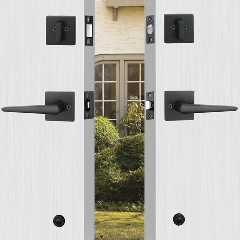 Dope Double Front Door Handleset With Keyed Entry And Dummy Lever Reversible For Left Or Right Hand Square Deadbolt Iron Black Finish