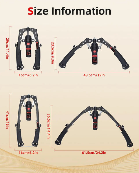 Abahub Twister Arm Exerciser Is A High Quality Hydraulic Power Chest Expander showing size dimensions and adjustable lengths for home workouts.