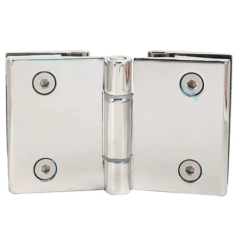 Rock Solid Double Sided Hinge For Frameless Glass Shower Door stainless steel hinge with polished finish and heavy-duty construction.