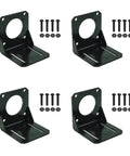 Front view of four black L-type Nema 23 motor mounting brackets with screws and washers.