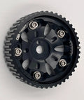 Almanzar Motorsports 4G93 cam gear, black aluminum with six bolts and timing marks.
