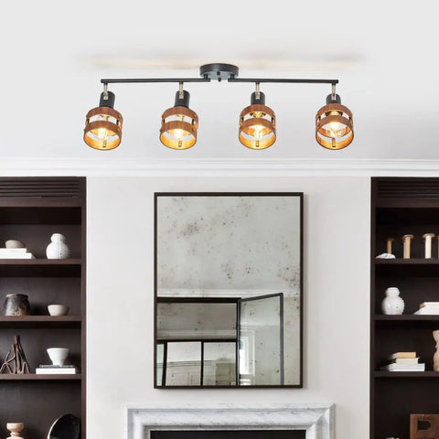 Four Head Black Track Lighting With E26 Sockets Adjustable Spotlight Heads And Wood Accent Dope Farmhouse Vibe Modern Ceiling Light For Living Room And Kitchen Flexible Directional Arms
