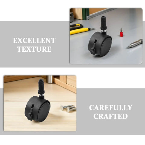 Close-up of 4pcs Inch Swivel Caster Wheels for Furniture and Displays Black on a workbench, showcasing excellent texture and design.
