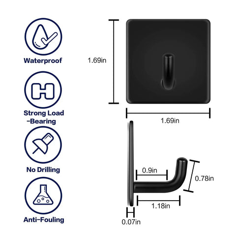 Dimensions and features of Heavy Duty Adhesive Hooks Black Self Adhesive That Really Grip Holds Towels Coats Keys And More Four Pack Stainless Steel Design For Kitchen Bathroom Home No Drill Needed Ultra Strong Storage Solution