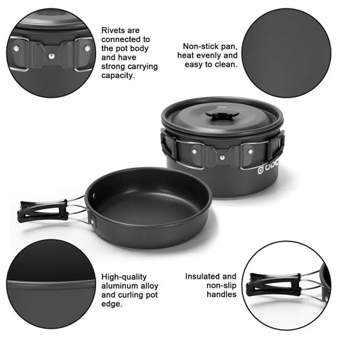 15 Piece All In One Camping Cookware Mess Kit With Nonstick Pots And Pans Kettle Stainless Steel Cups Plates And Utensils