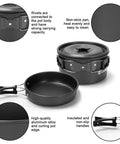 16-Piece Camping Cookware Set With Folding Stove Nonstick Lightweight Pots And Pans with riveted handles and non-slip grip.