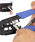 Pro Grade RJ Cable Crimping Tool For 8P And 6P Modular Plugs With Built In Cutter And Stripper, Crimps Cuts And Strips RJ11 RJ12