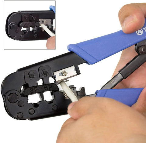 Pro Grade RJ Cable Crimping Tool For 8P And 6P Modular Plugs With Built In Cutter And Stripper, Crimps Cuts And Strips RJ11 RJ12