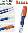 Step-by-step diagram showing wire nuts usage process with orange connectors, compatible with All In One Ceiling Fan Remote Control Kit.