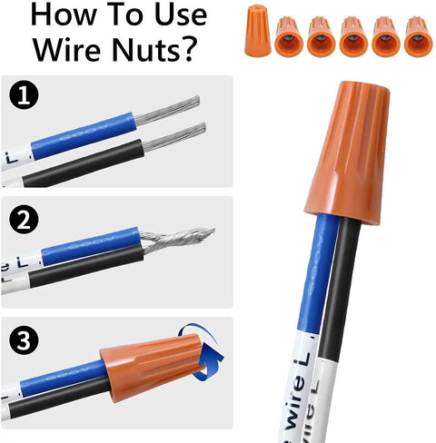 Step-by-step diagram showing wire nuts usage process with orange connectors, compatible with All In One Ceiling Fan Remote Control Kit.