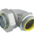 Heavy Duty Liquid Tight Connector For Flexible Conduit 90 Degree Insulated Zinc Coated Steel Fitting With Rock Solid Seal 1-1/4 Inch close-up view showing detail and construction.
