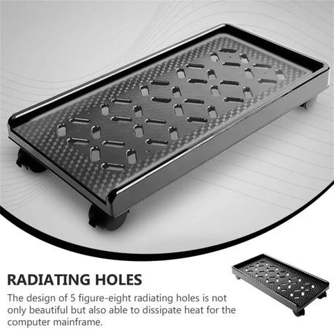 Rig Ready Rolling Computer Tower Stand With Top Tier Crossflow Ventilation And Smooth Glide Casters For Sturdy PC Case Holder Desk Organizer Rack System, black with radiating holes.