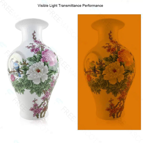 Visible light transmittance performance comparison of a floral design vase under different lighting conditions.