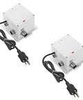 Two Channel Touchless Sensor Control Box For AC DC Power Supply Powers Bathroom Sink And Kitchen Faucet With Motion Activated Performance, Dual Powered Operation, Battery Optional, Commercial Grade Reliability, showing two white control boxes with cables.