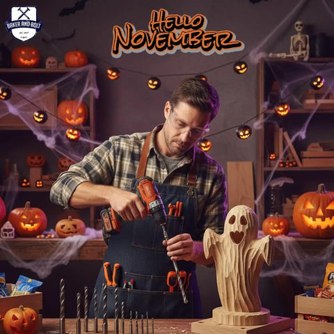Man in workshop using drill surrounded by Halloween decorations, including carved pumpkins and ghost sculpture.