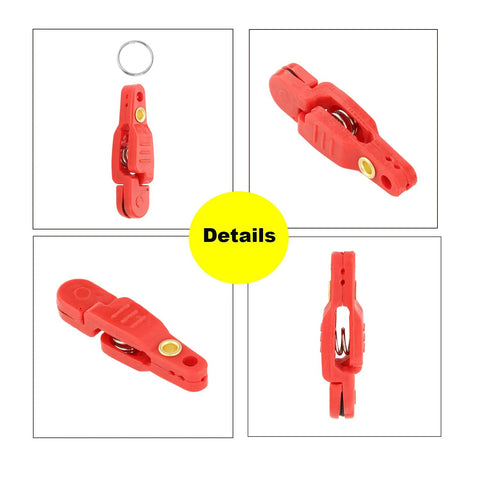 YUNNLEZT 10-piece heavy-tension downrigger release clips, red plastic, shown in front, side and close-up views