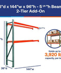 Heavy Duty Steel Pallet Rack Add On Unit 36 Inch Deep By 144 Inch Wide By 96 Inch High Two Tier with orange beams holding boxes.