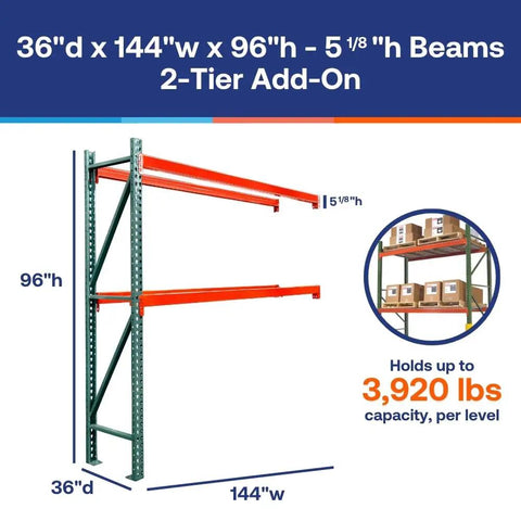 Heavy Duty Steel Pallet Rack Add On Unit 36 Inch Deep By 144 Inch Wide By 96 Inch High Two Tier with orange beams holding boxes.
