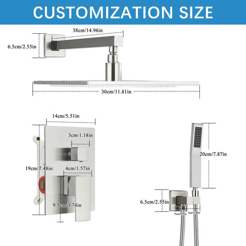 Dimensions of Matte Black Shower Faucet Set With Rain Shower System And 12 Inch LED Square Shower Head Easy Install Durable Mixer