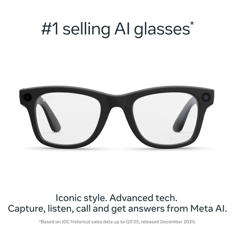 Gen 2 Wayfarer Smart Glasses Matte Black with 3K HD Video and 12 MP Ultra Wide Camera, clear lenses frontal view