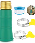 Green universal faucet water hose adapter with brass male end and two metal hose clamps with yellow handles