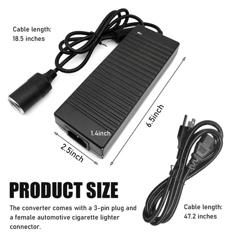 Heavy Duty AC To DC Converter 220V To 12V 15A Car Power Adapter with 18.5 inch cable and cigarette lighter socket.