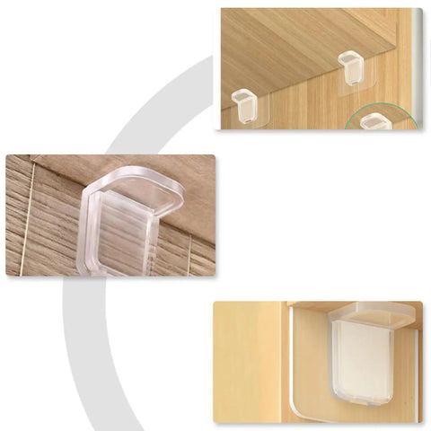 Punch Free Closet Brackets 24 Pack Load Bearing ABS Shelf Supports installed on different wooden surfaces
