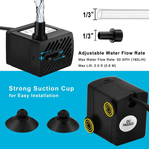 Ultra Quiet 50 GPH 3W Mini Submersible Water Pump with adjustable flow and suction cups for aquariums and hydroponics.