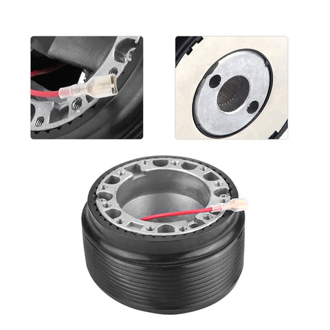 Close-up view of Beefy Aluminum 0.6 Inch 6 Bolt Quick Release Steering Wheel Hub Adapter for aftermarket wheels with wiring detail.