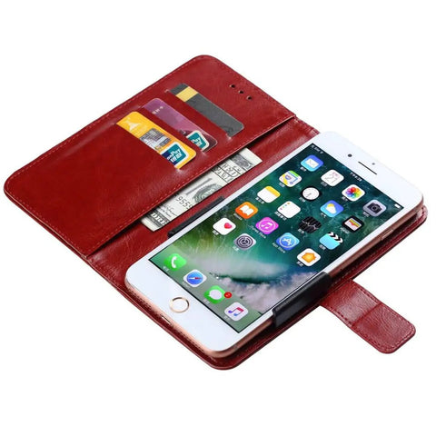 Super Stylish Brown Cover For Danew Trace T-One 5 Inch Phone Plus HD Glass Film Protector With Precise Cuts And Full Access To Camera Speakers open with cards and cash inside.