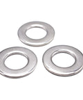 Three stainless steel flat washers, top view, silver finish