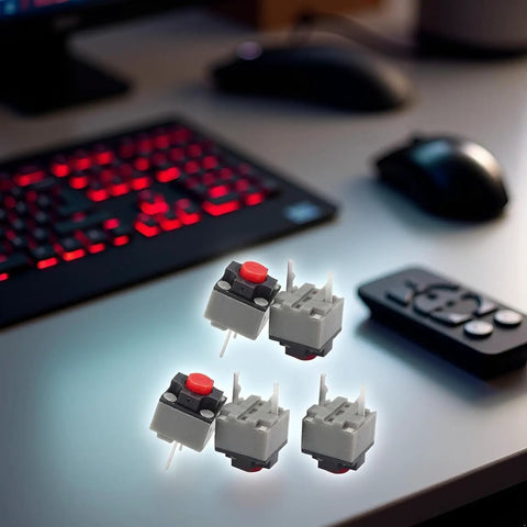 5Pcs Silent Mouse Micro Switches 6x6x7.3mm Square Buttons Lowkey Quiet Clicks For Gaming And Office 10 Million Clicks Durable Replacement Components Gray Black Red on desk with keyboard and remote