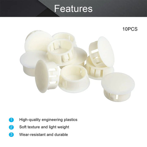 White Three Quarters Inch Plastic Hole Plugs Flush Round Snap Covers for cabinets and furniture, 10 pieces, features list