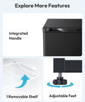 Compact One Point One Cubic Foot Upright Mini Freezer With Reversible Door And Adjustable Feet features integrated handle and removable shelf.