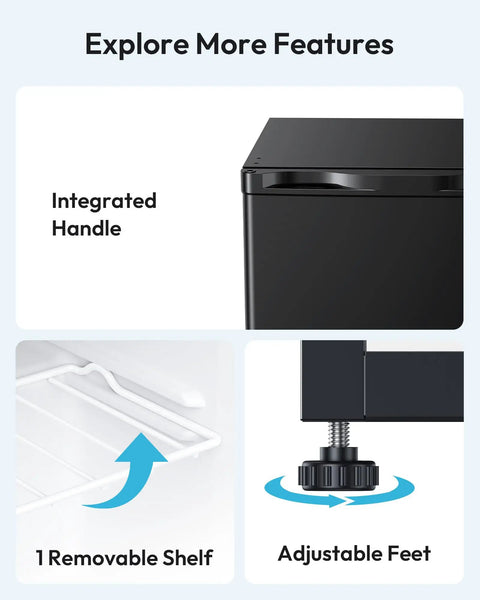 Compact One Point One Cubic Foot Upright Mini Freezer With Reversible Door And Adjustable Feet features integrated handle and removable shelf.