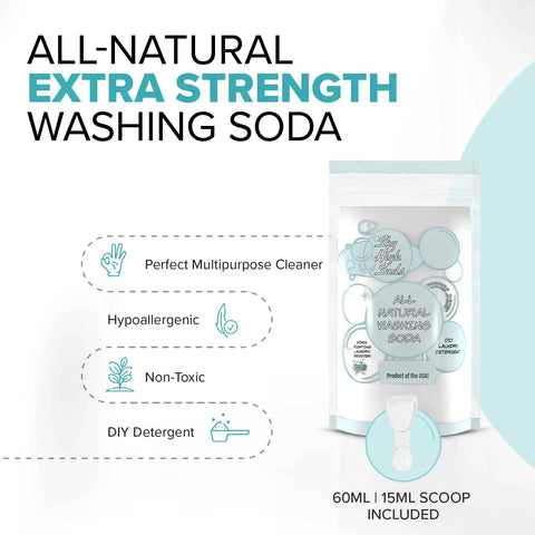 2 Pound All Natural Washing Soda Soda Ash For Laundry And Heavy Cleaning Made In The USA In A Reusable Bag product image with scoop