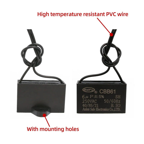 CBB61 6uF 250V AC Capacitor For Ceiling Fans 2 Wire 50/60Hz Pack Of 2 with PVC wire and mounting hole