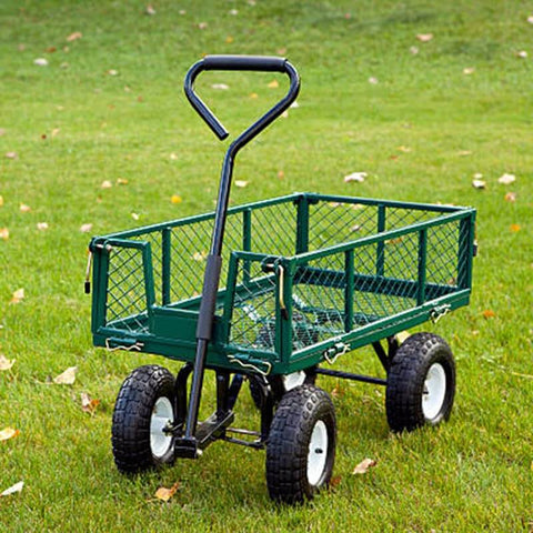 Green garden cart with 2-Pack Pneumatic Air Filled 10 Inch Hand Truck Wheels with 4.10/3.50-4 Tires on grass