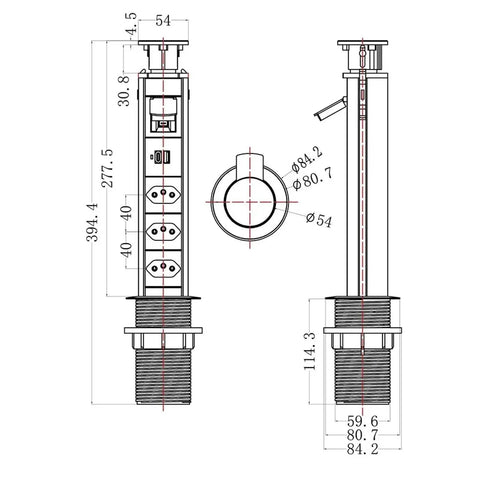 Technical drawing of Pop Up Desk Organizer Power Strip With Usb Type C Charging And Multiple Sockets, Hidden Socket Design Keeps Your Battlestation Sleek And Tidy.