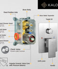 Diagram of brass shower faucet set showing parts of rain shower system with jets and handheld sprayer, control overview.