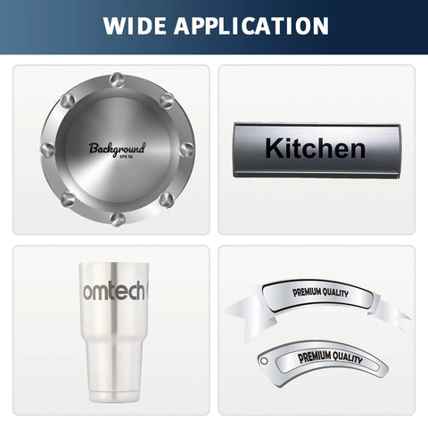Metal items collage showing application: round bolted lid, kitchen nameplate, omtech tumbler, premium quality ribbons