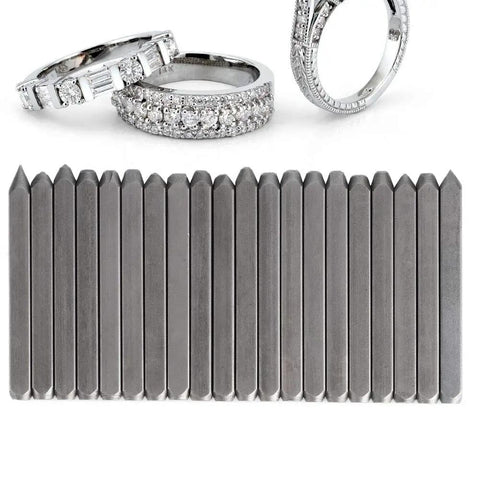 Metal Stamping Kit With 20 Pattern Punches Chisel Anvil Set for Jewelry Making, with rings in the background.