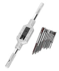 Mini Tap Set With High Speed Steel Tapping Tools Ten Size Range From M1 To M3.5 For Metal Threading Great For DIY Projects And Precision Threads In Aluminum Steel And Brass, including handle and taps.