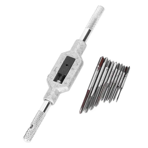 Mini Tap Set With High Speed Steel Tapping Tools Ten Size Range From M1 To M3.5 For Metal Threading Great For DIY Projects And Precision Threads In Aluminum Steel And Brass, including handle and taps.