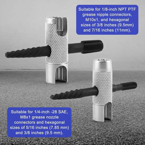 Beefy Grease Zerk Tool Set Two Pack 4 Way Fittings Removal Tools Fits 1/4-28 SAE and 1/8-NPT M10x1 and M8x1 Threads Hex Sizes