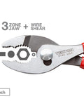 Slip Joint Pliers Set Three Piece Six And A Half Inch Eight Inch And Ten Inch With Universal Jaws For Gripping Multiple Shapes And Wire Nut And Bolt Tension Adjustment Slim Non Slip Grips Made In USA close-up of 6.5 inch pliers and jaw diagram