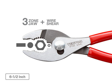 Slip Joint Pliers Set Three Piece Six And A Half Inch Eight Inch And Ten Inch With Universal Jaws For Gripping Multiple Shapes And Wire Nut And Bolt Tension Adjustment Slim Non Slip Grips Made In USA close-up of 6.5 inch pliers and jaw diagram