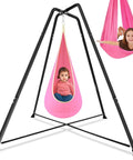 Sensory Swing Stand Frame With Pod Chair And Swings Set For Kids And Adults Heavy Duty Metal Swing Set, pink pod and fabric swing.
