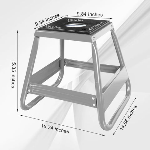 Heavy Duty Dirt Bike Stand Lift Up To 1000 Lbs Universal Detachable Motorcycle Stand For Maintenance Works With Kawasaki Honda Yamaha And More Silver Finish Stable Steel Construction For Safe Lifts, shown with measurements and silver finish.